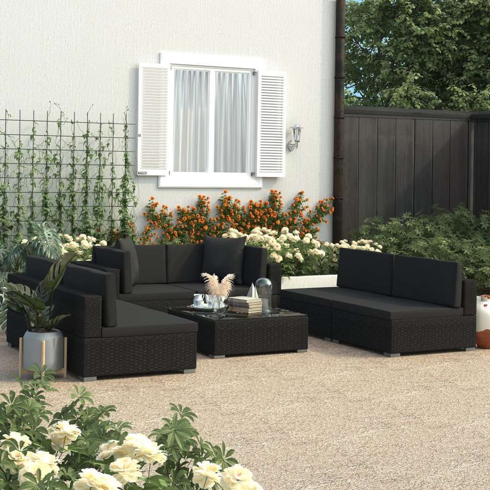 Générique Salon De Jardin 7 Pcs Avec Coussins Noir Résine Tressée,Meubles, Mobilier De Jardin,Salons De Jardin,Noir,0 LB,3255888