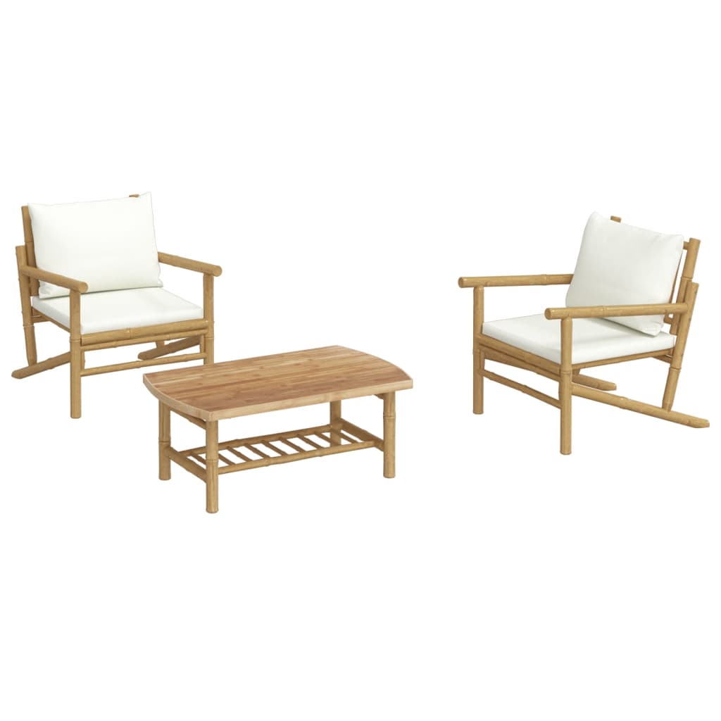 Salon de jardin meuble d'extérieur ensemble de mobilier 3 pièces avec coussins blanc crème bambou