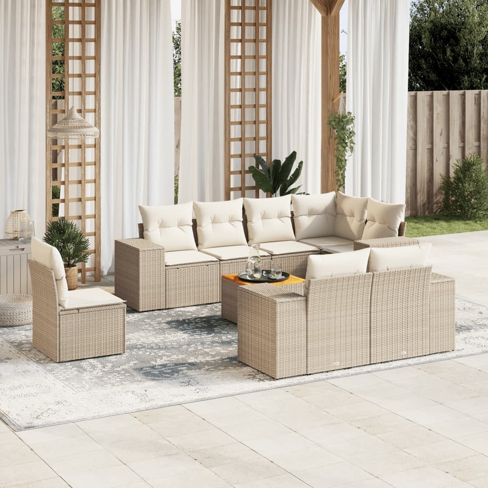 Salon de jardin avec coussins 9 pcs beige résine tressée