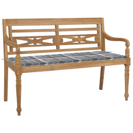 Banc de jardin meuble de patio d'extérieur terrasse avec coussin à carreaux gris 120 x 51,5 x 84 cm bois de teck
