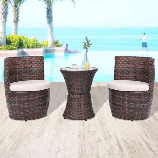 Mobilier de bistro 3 pcs avec coussins résine tressée marron