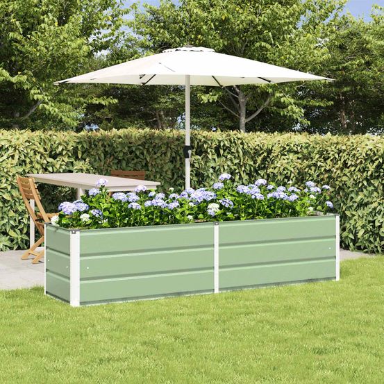 Grand bac à fleurs acier galvanisé pour jardin paysager 195x50x45 cm vert pastel