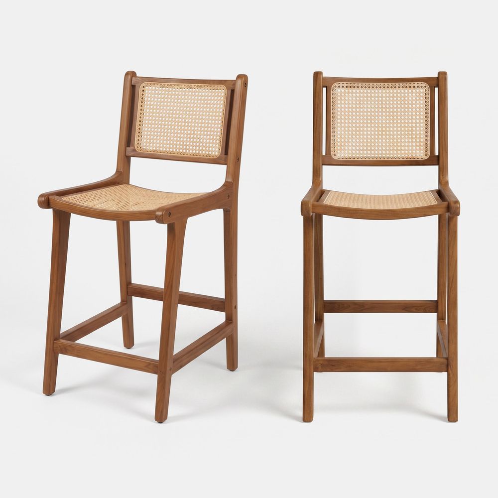 Kyla-lot de 2 chaises pour îlot central 66,5 cm en teck et cannage en rotin