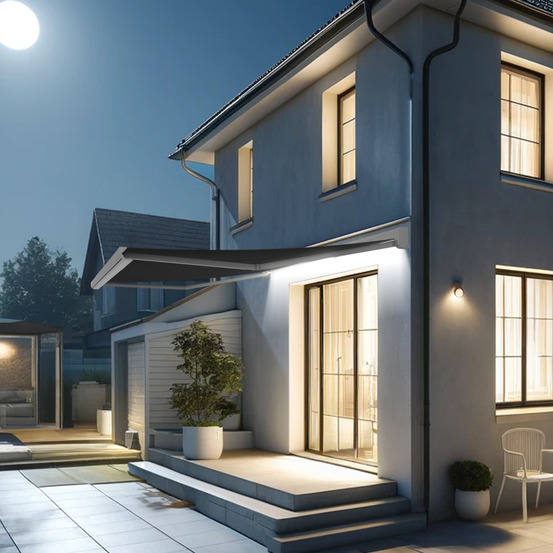 Store banne coffre intégral celeste 4,00x3,00 m (motorisé secours à télécommande + led - blanc satiné ral9010 - gris graphite)