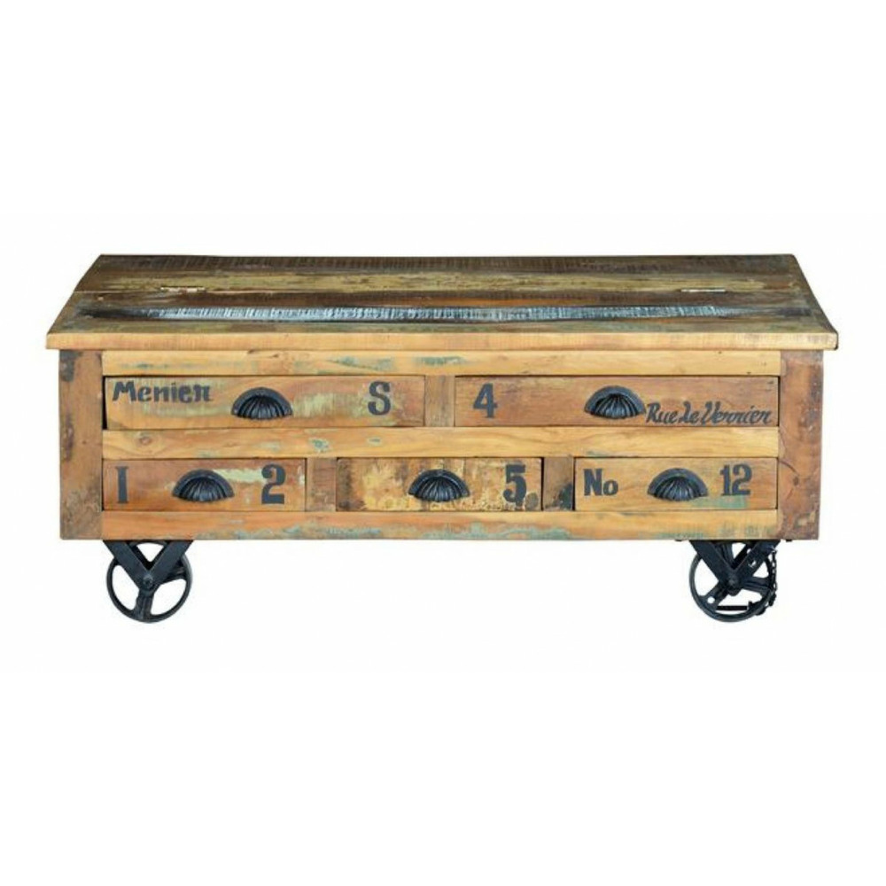 Table basse 5 tiroirs bois-métal marron - décoration d'autrefois