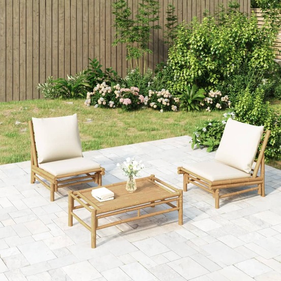 Salon de jardin 3 pcs avec coussins blanc crème bambou