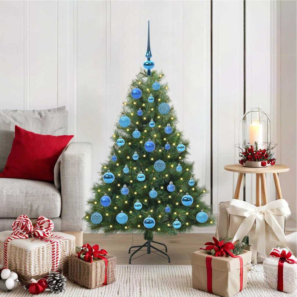 Sapin 120 cm lumineux 150 led vert, kit de décoration complet avec boules de noël