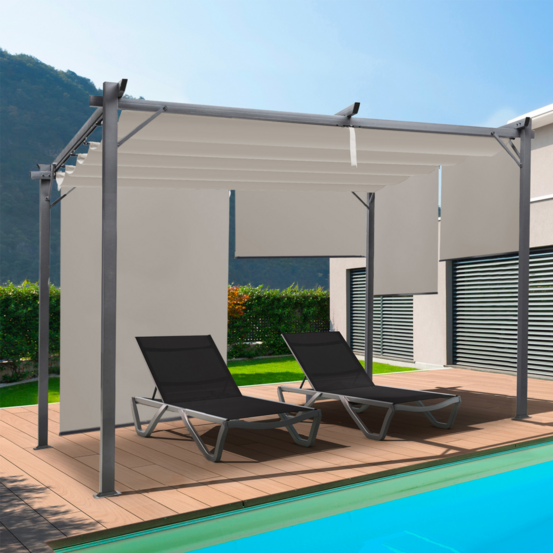 Pergola édition spéciale toit rétractable 3x4 m et 4 stores taupe