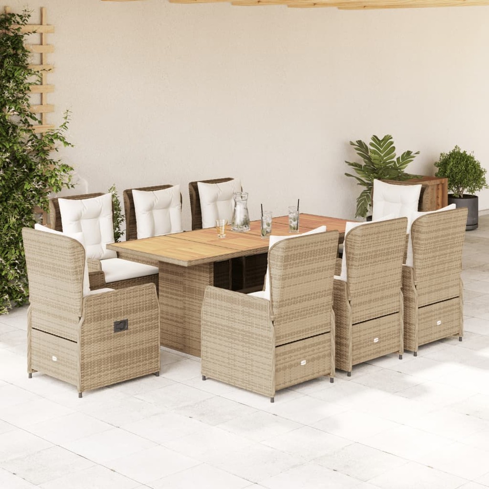 Ensemble à manger de jardin et coussins 9 pcs beige poly rotin
