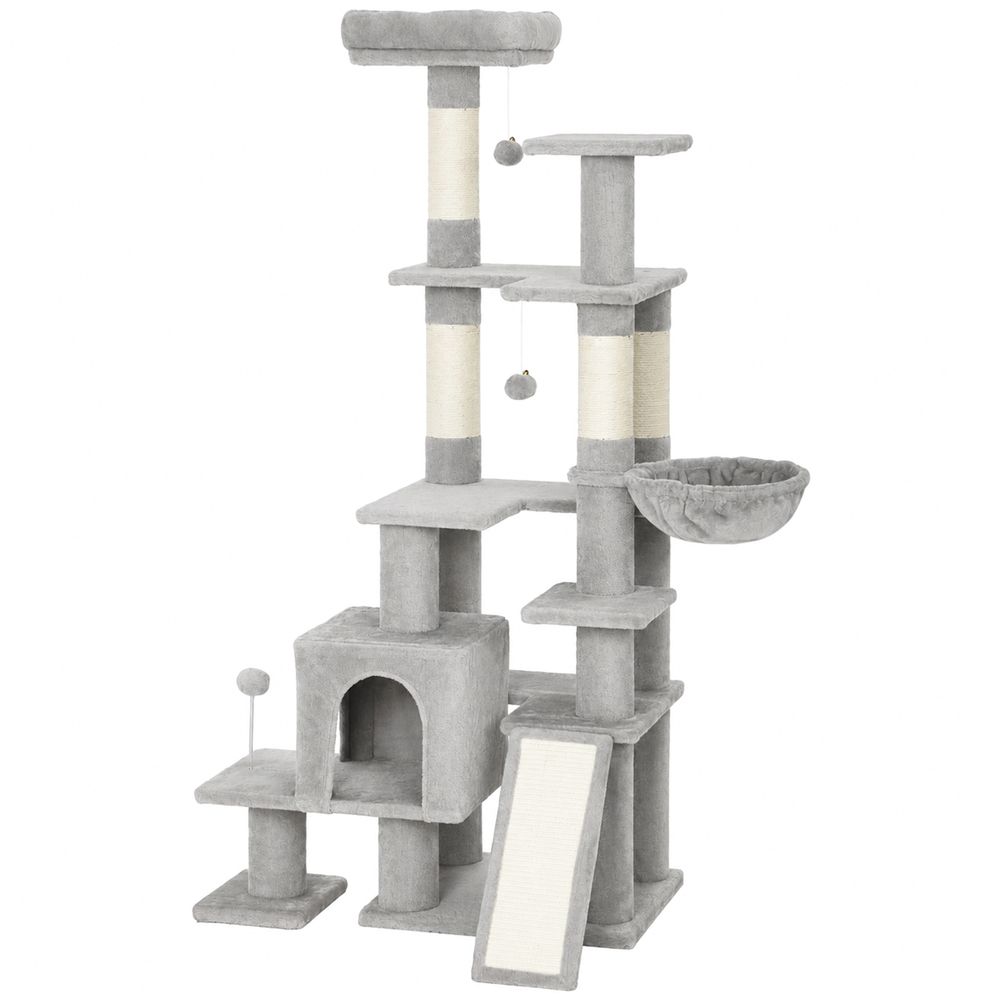 Arbre à chat peluche panneaux 78x40x152 cm gris clair 5 niveaux pour chats griffoir