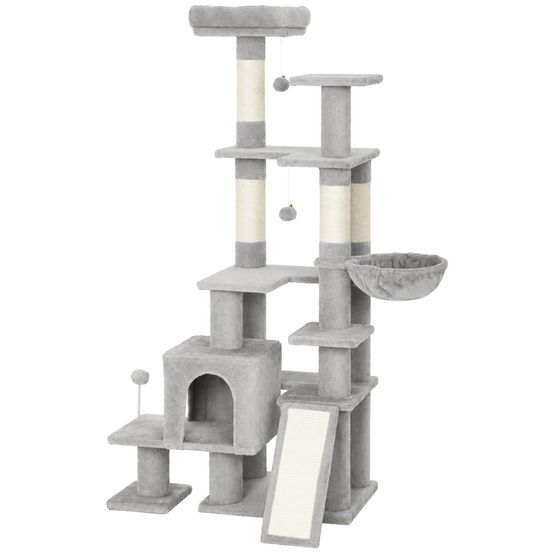 Arbre à chat peluche panneaux 78x40x152 cm gris clair 5 niveaux pour chats griffoir