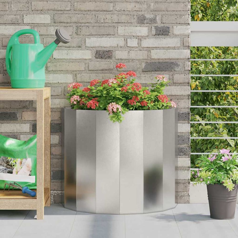 Jardinière demi-ronde acier inoxydable pour balcon argent 60x30x50 cm