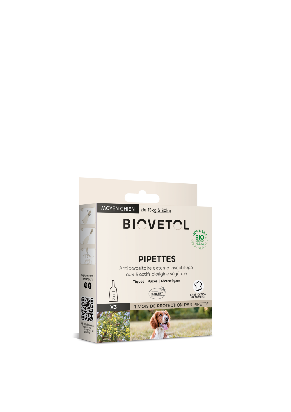 Pipettes anti puces moyen chien bio - certifié ecocert 3 pipettes+1 offerte de 3ml