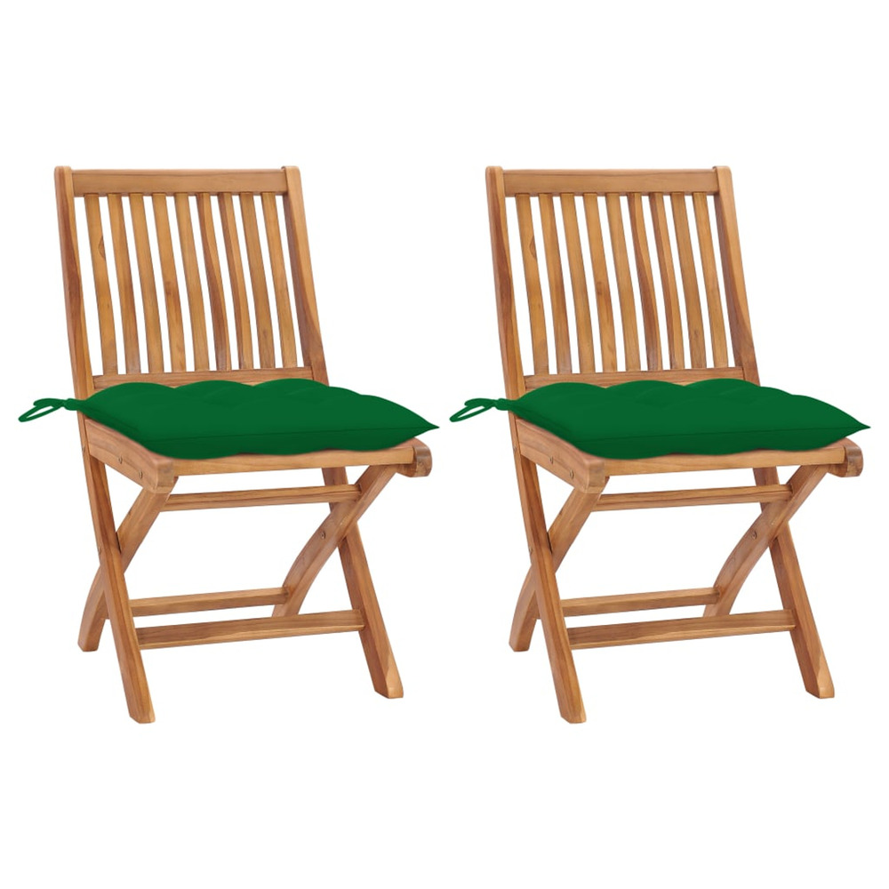 Chaises de jardin lot de 2 et coussins vert bois de teck massif