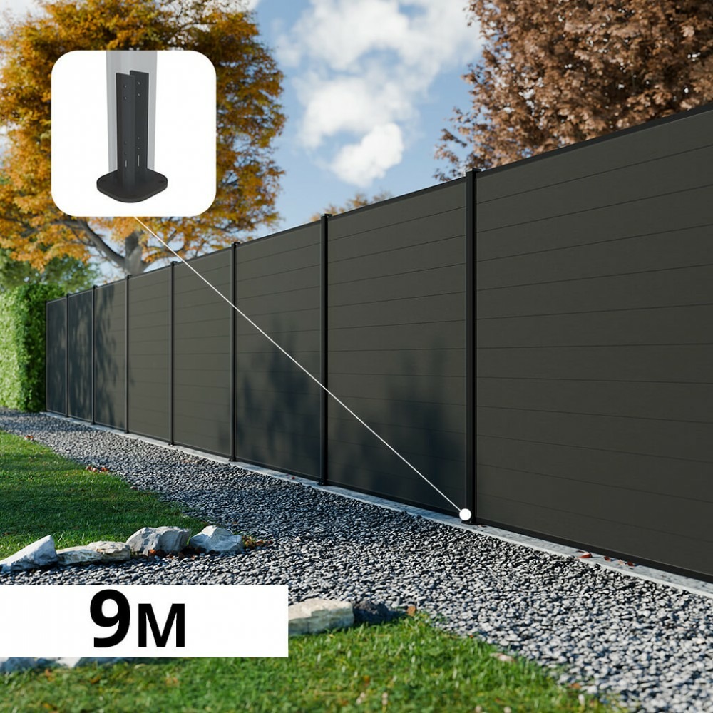 Kit clôture composite rio anthracite 9x1,8m - bois composite & aluminium - poteaux sur platines noir - brise vue - palissade