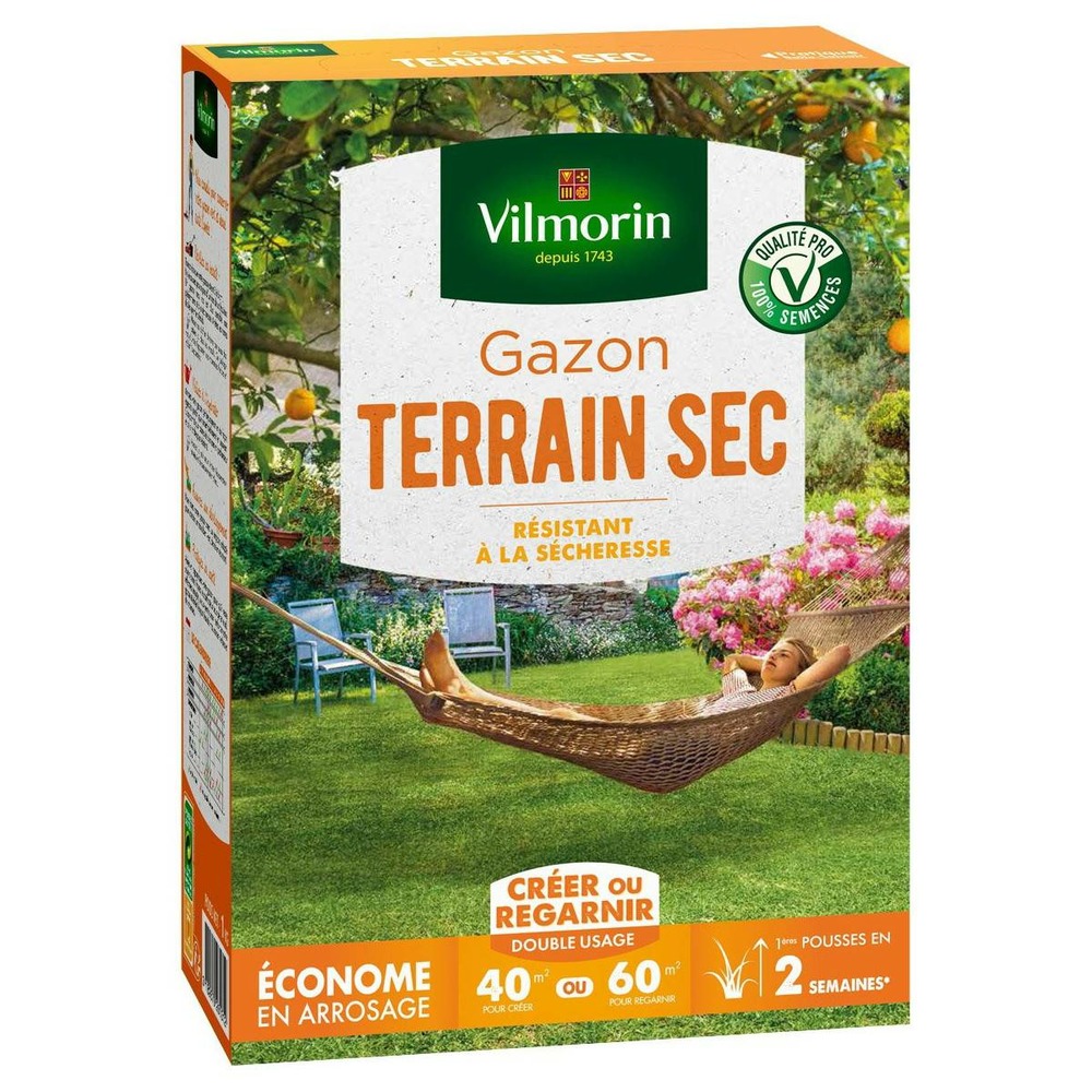 Gazon terrain sec vilmorin 1kg : résistance extrême à la sécheresse et aux sols