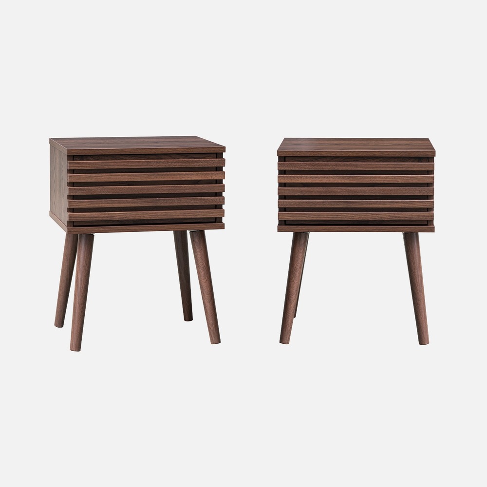 Lot de deux table de chevet style scandinave effet bois avec tiroir rainuré et pieds compas