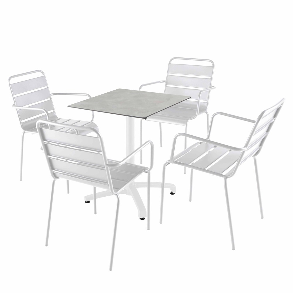 Ensemble table 60 cm béton gris clair et 4 chaises en métal blanc