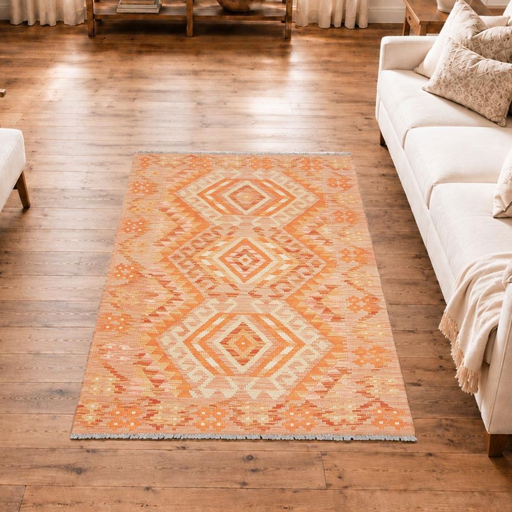 Tapis kilim 103 x 148 cm, orange, beige et rouge, géométrique en laine