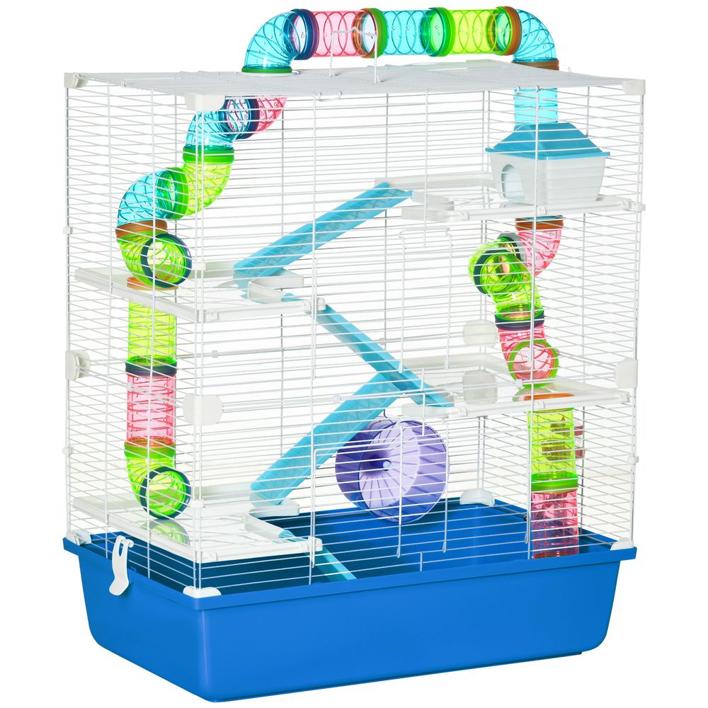 Cage hamster 5 niveaux en acier pour petits rongeurs avec tubes et accessoires 59x36x69cm bleu