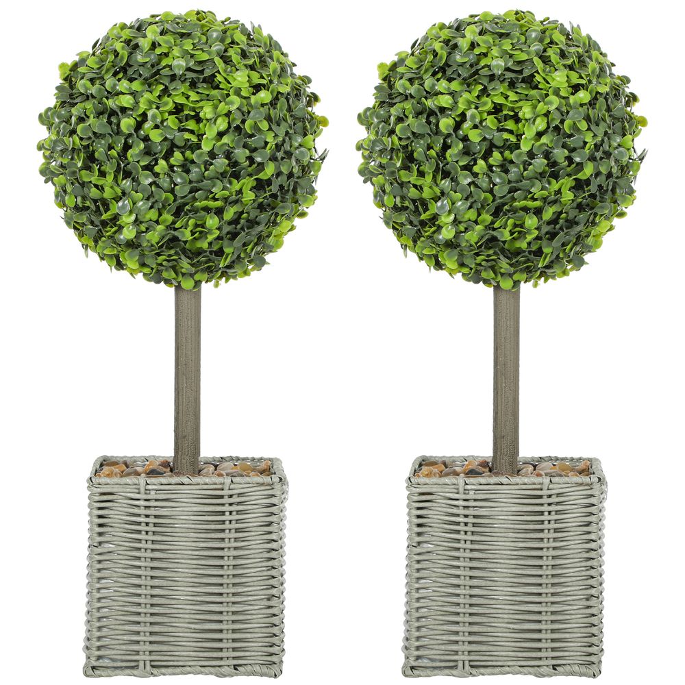 Lot de 2 buis artificiels boule pot tressé intérieur extérieur anti uv vert 50cm