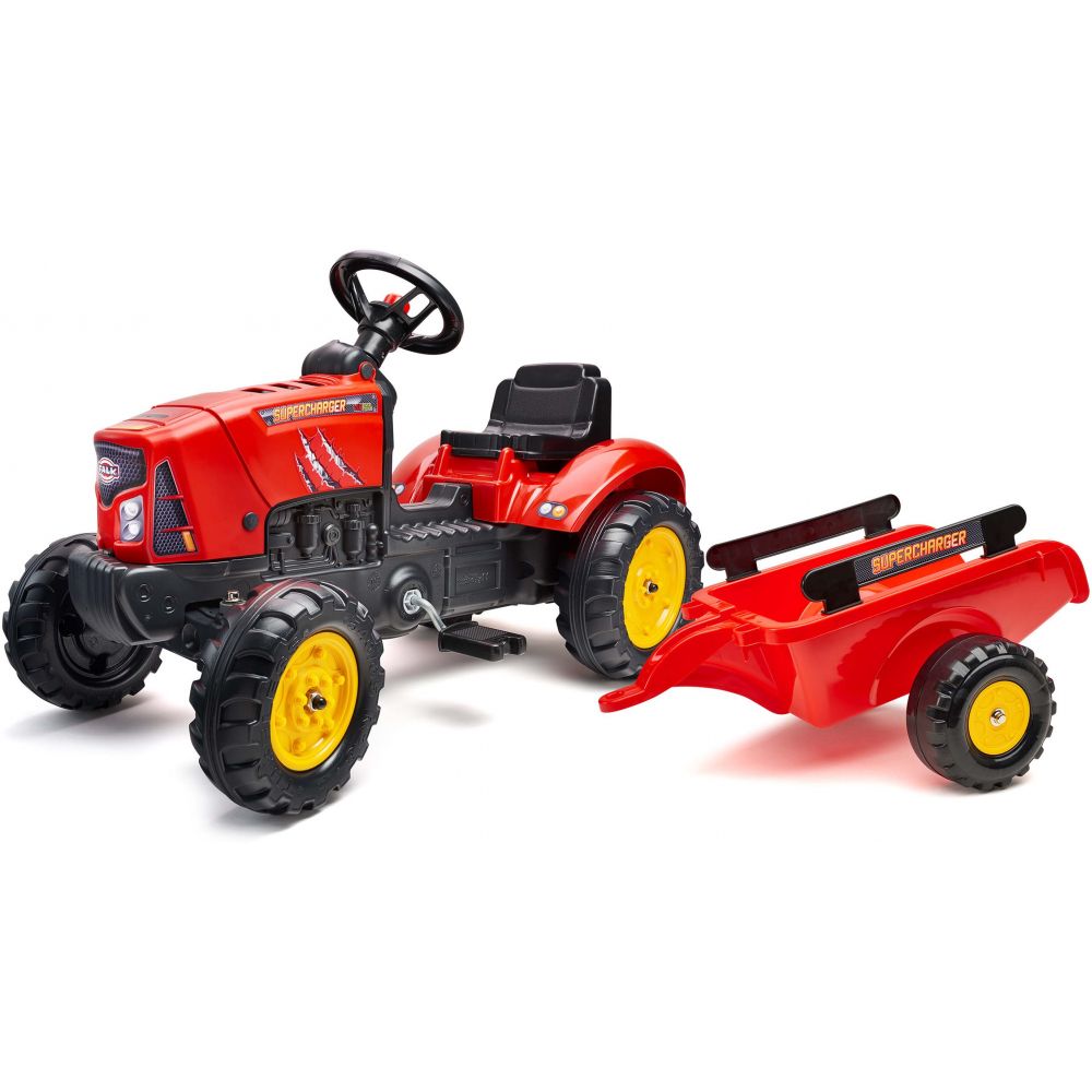 Tracteur à pédales enfant avec capot ouvrant et remorque supercharger rouge