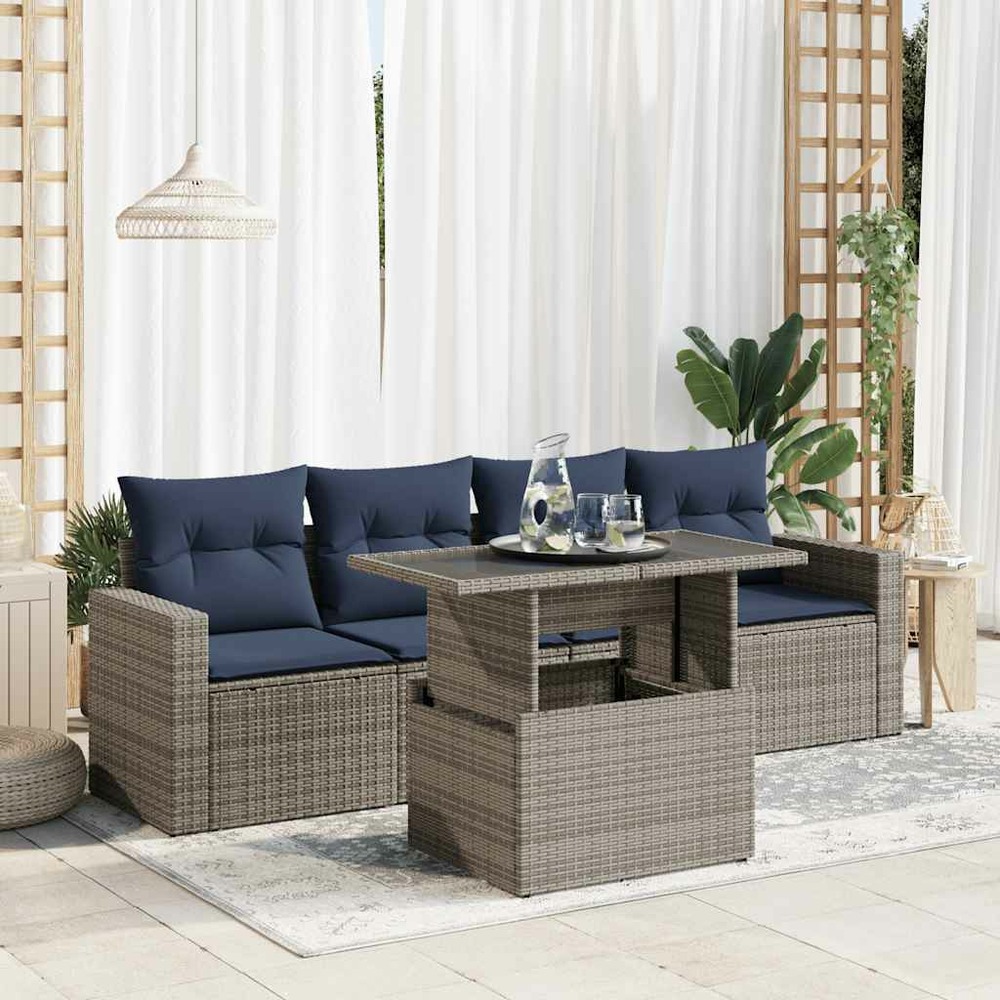 Salon de jardin 5 pcs avec coussins gris résine tressée acacia