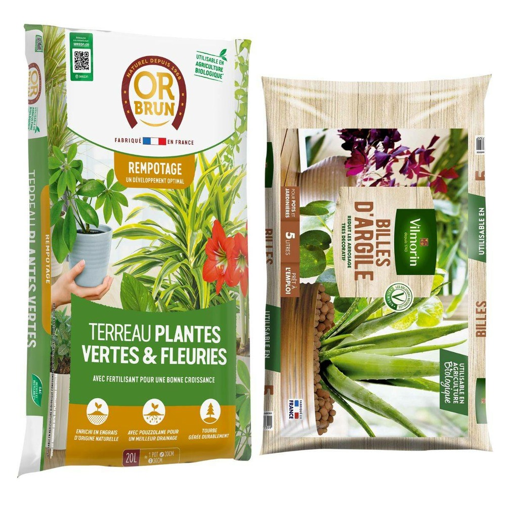 Terreau or brun plantes vertes 20l + billes d'argile : rempotage facile et durab