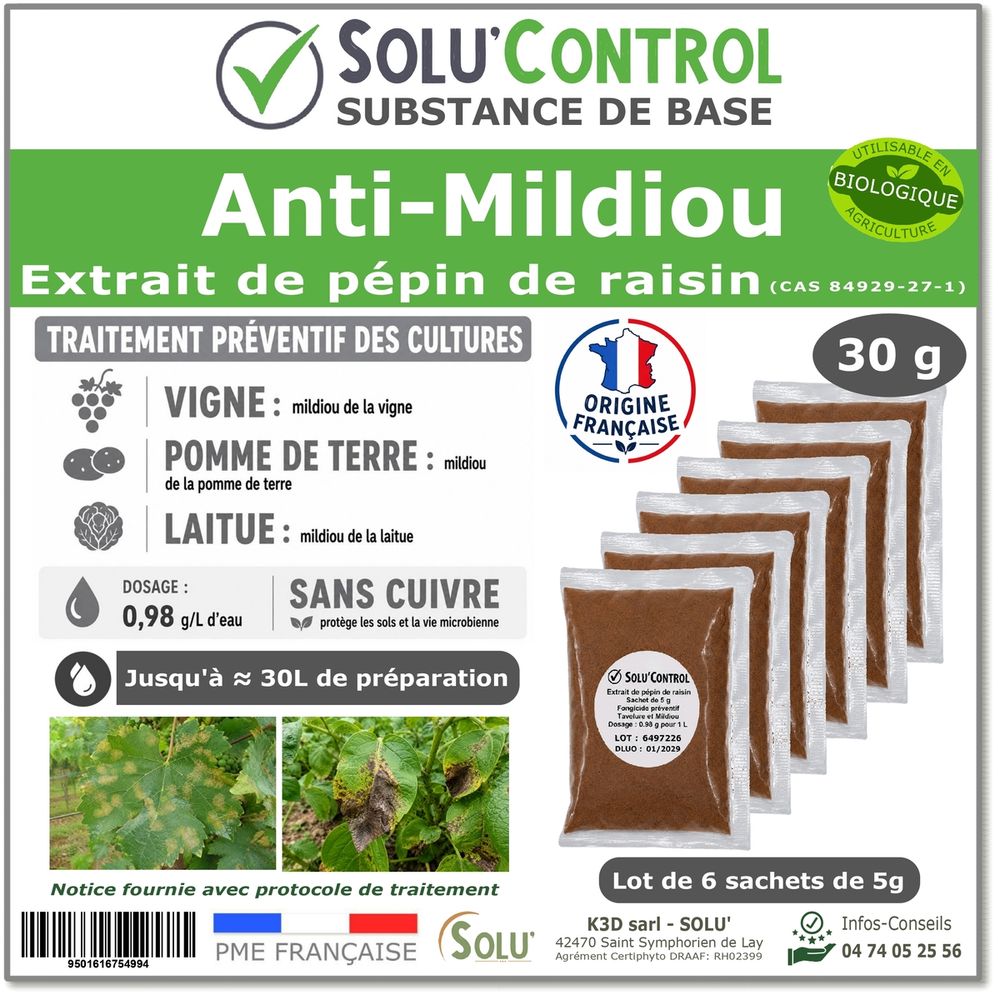 Solu'control extrait de pépins de raisin 30 g - substance de base naturelle - anti mildiou vigne pomme de terre laitue - sans cuivre
