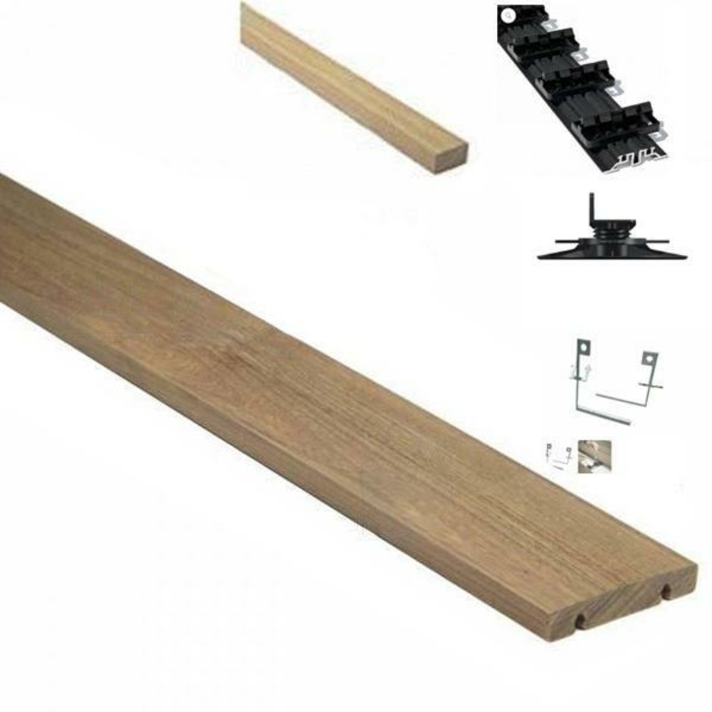 Pack complet 15m² lame de terrasse ipe grad clips lx1500mm avec lambourde, flat rail, plot pvc et clé de démontage