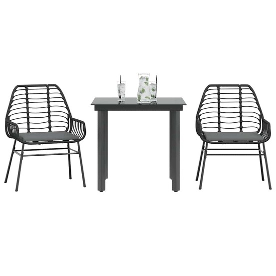 Ensemble à manger de jardin et coussins 3 pcs noir rotin verre