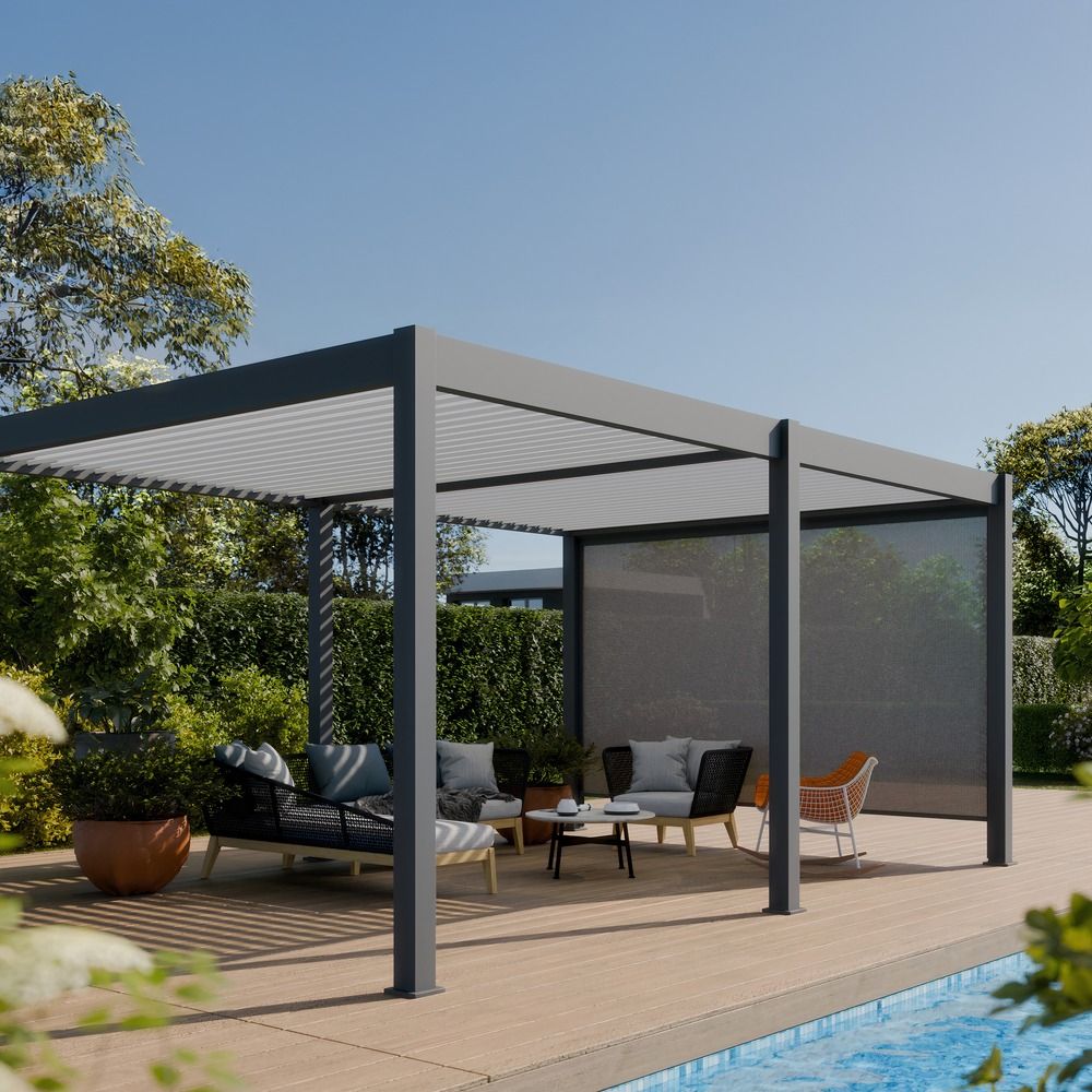 Pergola bioclimatique aluminium autoportée 19m² - 3,6x5,3 - store latéral inclus - anthracite - 34 lames en aluminium a 120 degrés