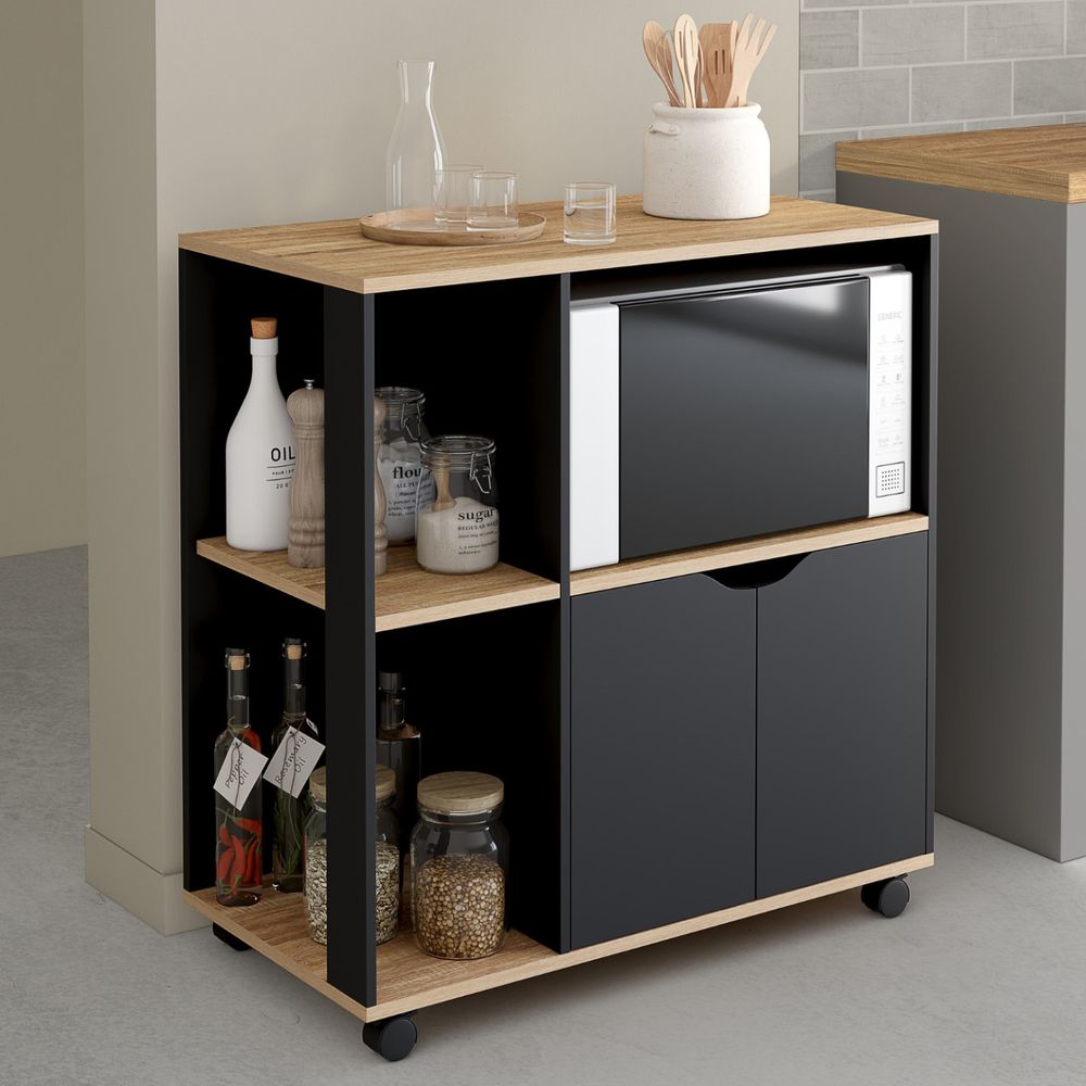 Desserte de cuisine cosi bois noir et plateaux façon hêtre l.76 cm