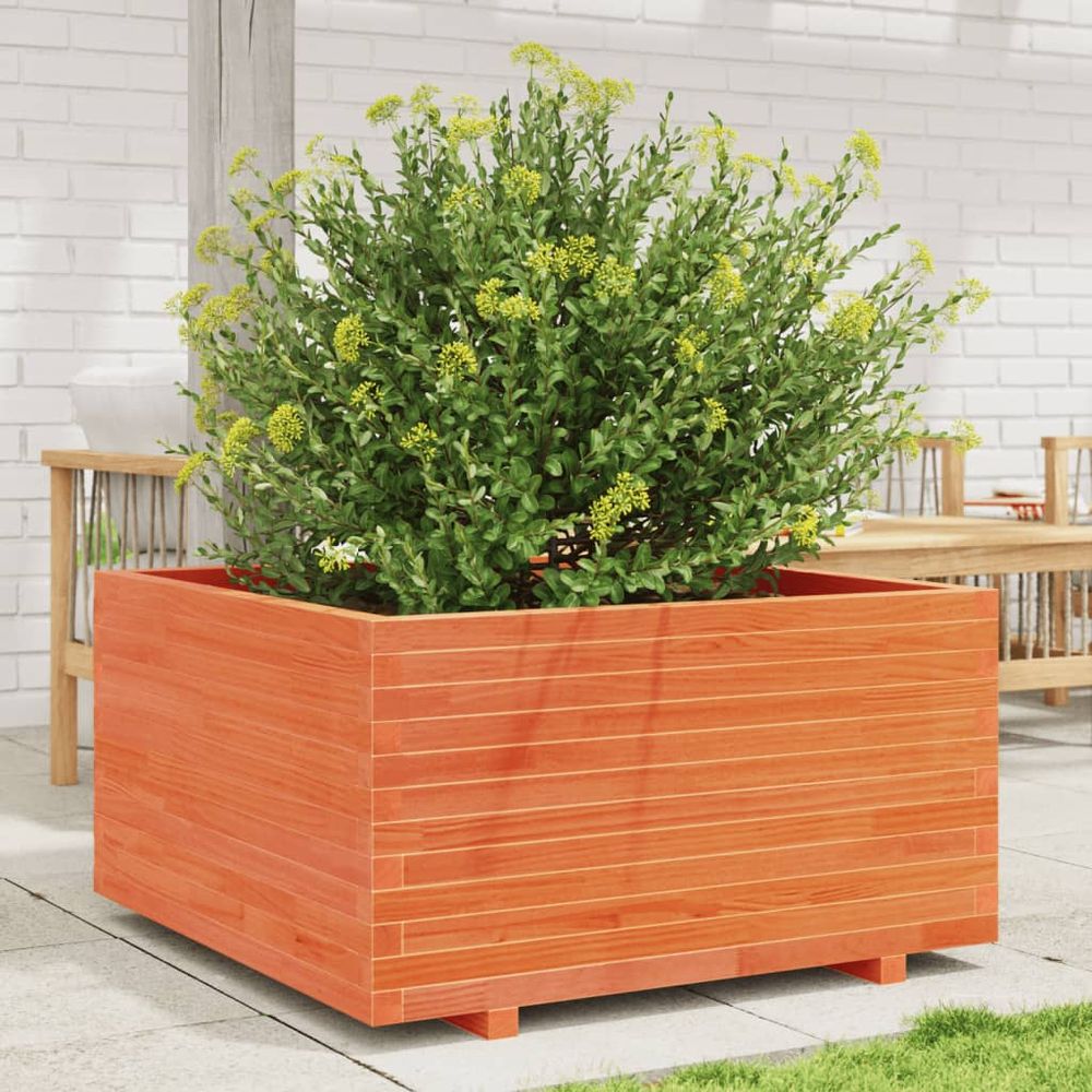 Jardinière carrée bois massif pour jardin terrasse balcon cire marron 90x90cm