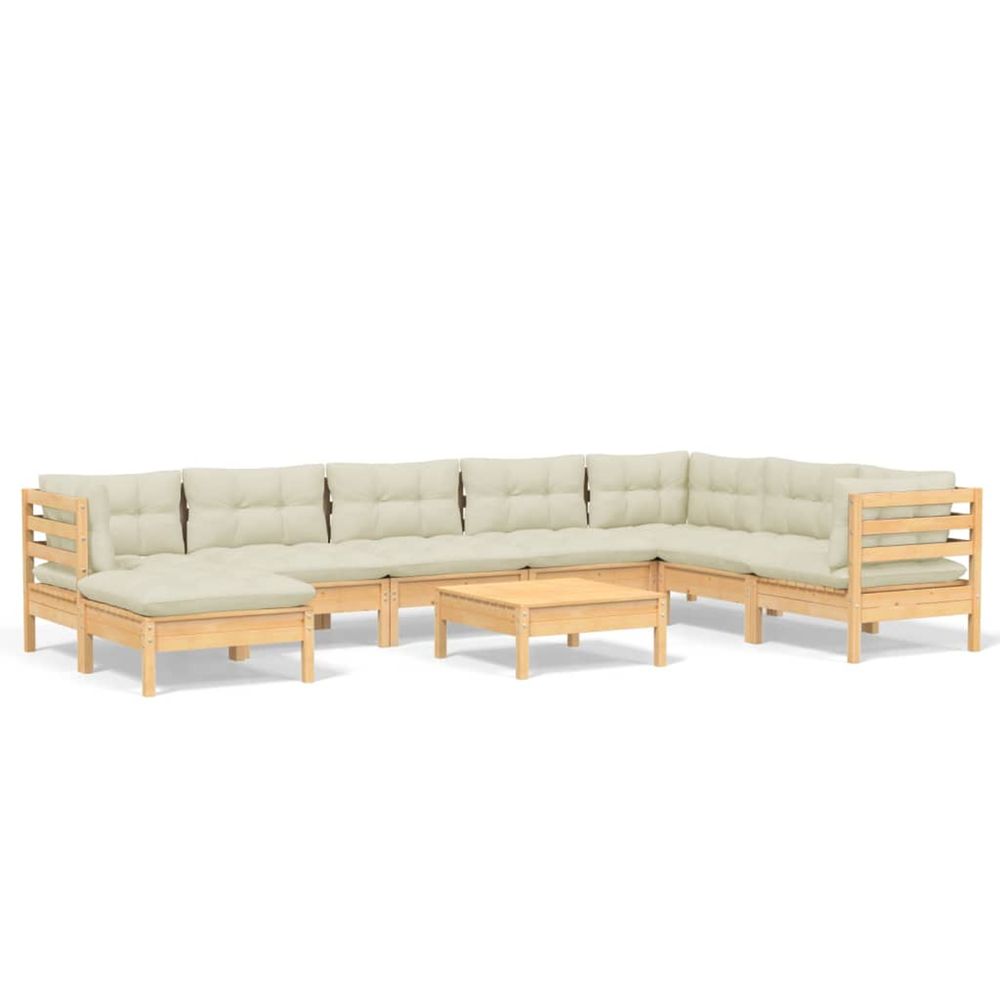 Salon de jardin 9 pcs avec coussins crème bois de pin massif