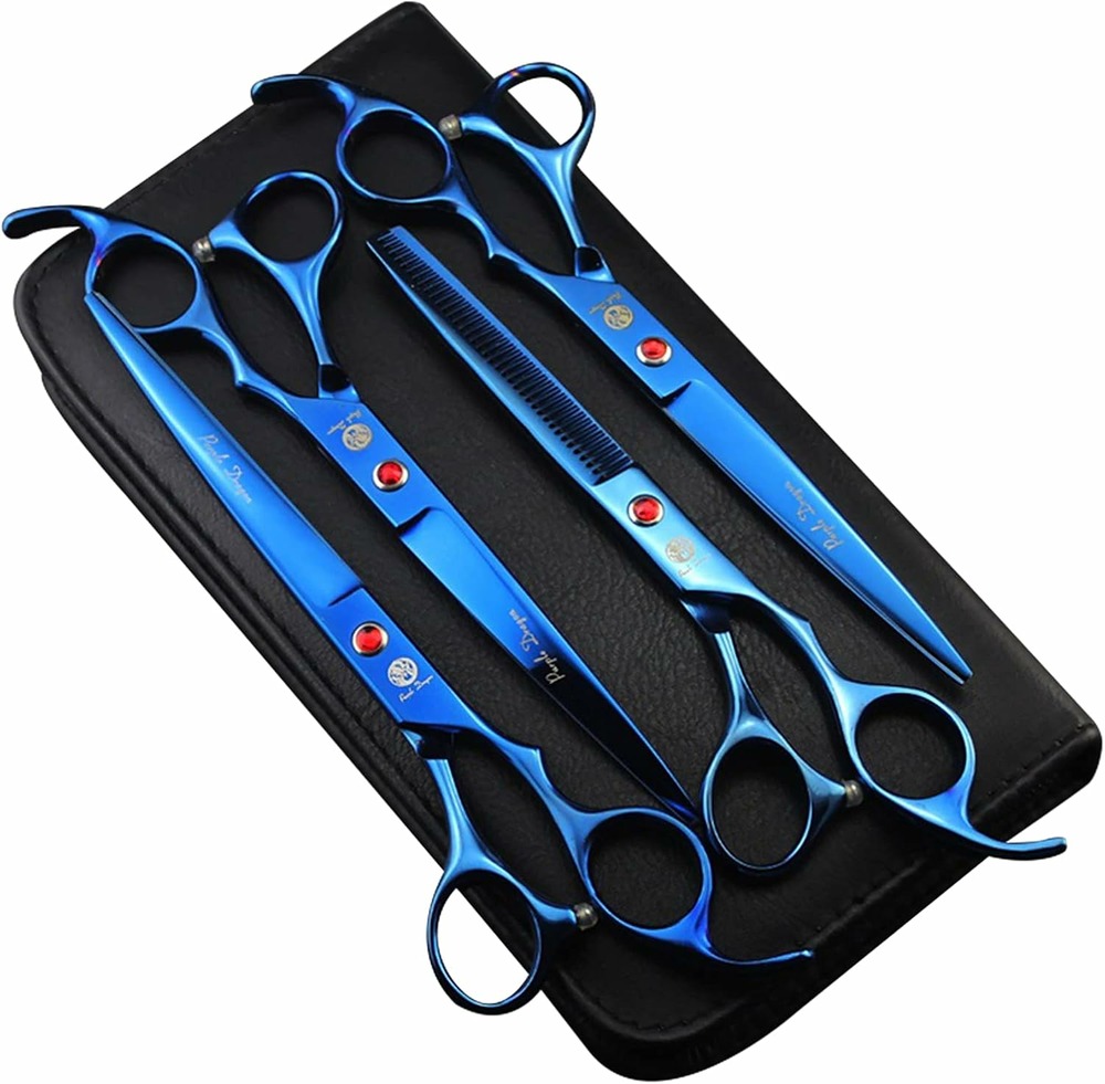 Set 4 ciseaux toilettage chiens & chats – acier 440 c bleu