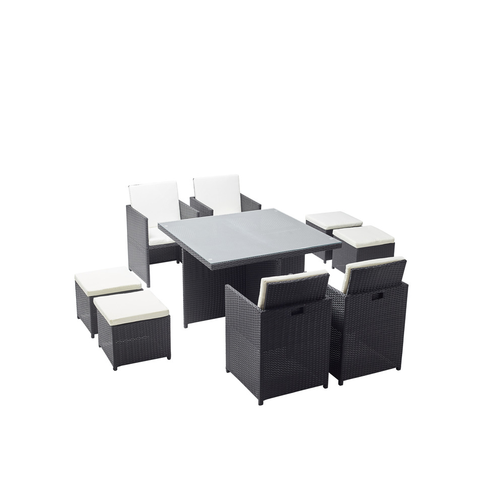 Table et chaises 8 places encastrables en résine noir-blanc monaco