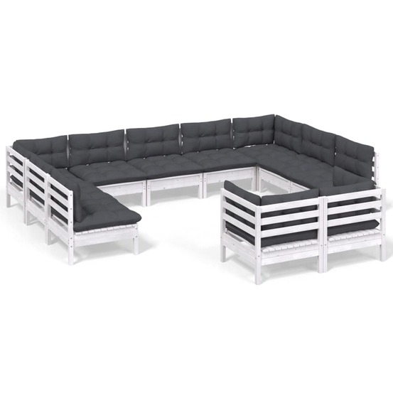 Salon de jardin 11 pcs avec coussins blanc bois de pin solide