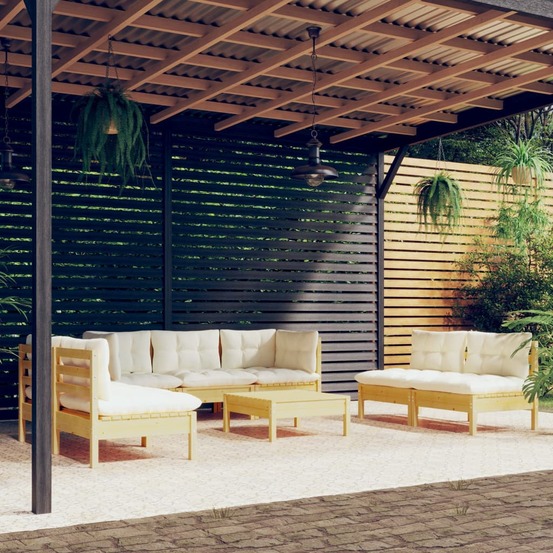 Salon de jardin 8 pcs avec coussins crème bois de pin massif