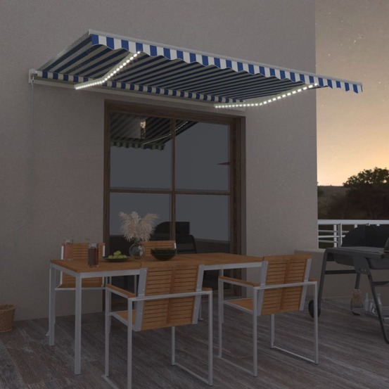 Auvent automatique capteur de vent led 450x350 cm bleu et blanc