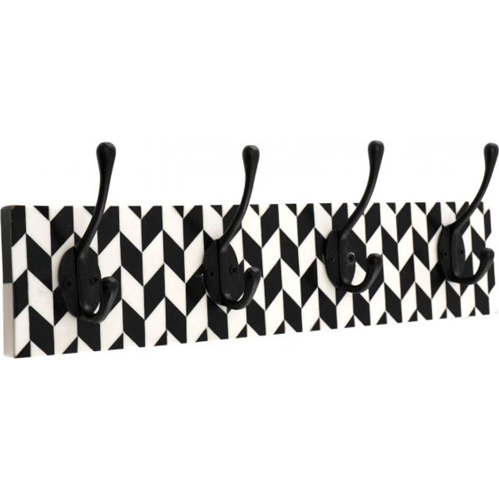Patère en bois et métal 4 crochets damier