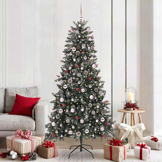 Sapin de noël artificiel vert floqué 210cm, décoré avec 300 led, 120 boules et cime