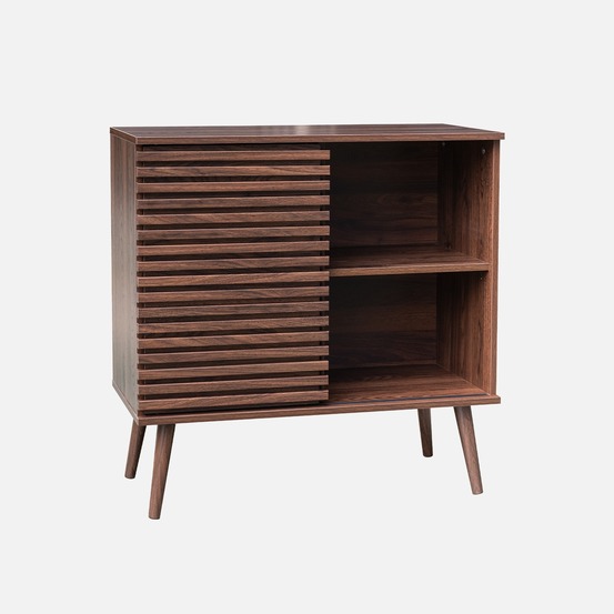 Buffet scandinave décor bois, buffet haut, vaisselier, avec 1 porte coulissante rainurée et 2 étagères l 80