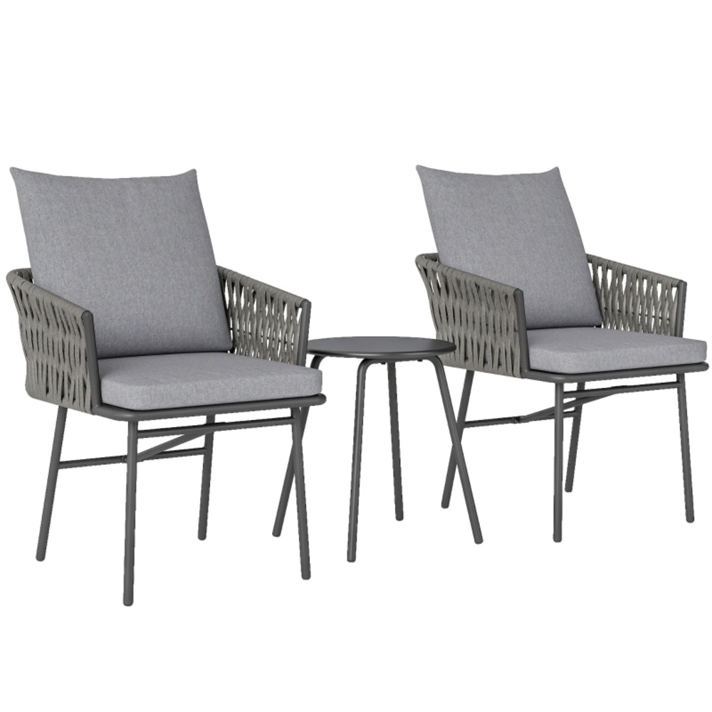 Ensemble bistro en rotin, 3 pièces, comprenant 2 fauteuils et une table basse, coussins amovibles, mobilier de balcon, acier, gris