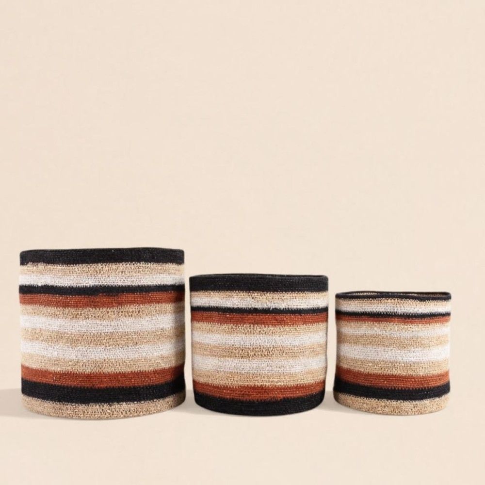 Set de 3 paniers rayé beige, marron en herbes marines