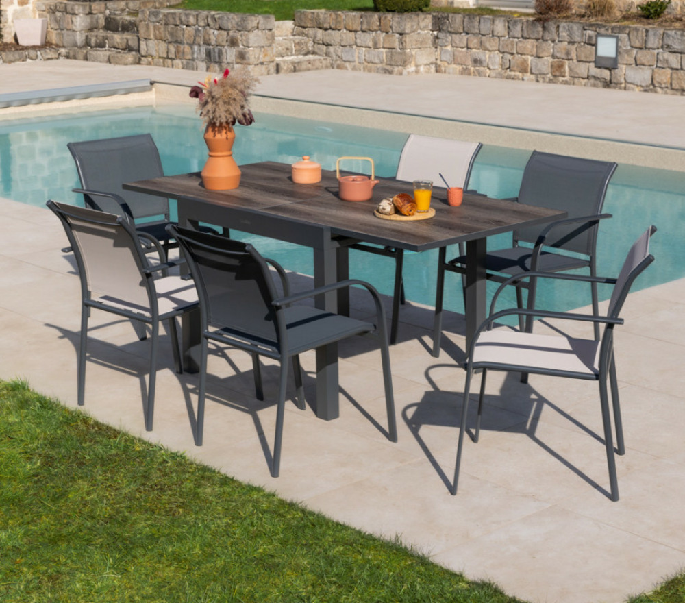Ensemble table et chaises de jardin - 6 places - anthracite et lin - honfleur beziers chene