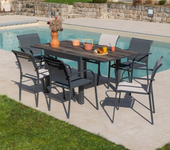 Ensemble table et chaises de jardin - 6 places - anthracite et lin - honfleur beziers chene