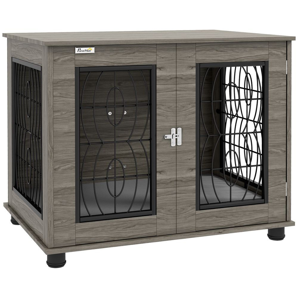 Cage meuble pour chien métal 80 x 56 x 63 cm gris décor bois coussin lavable - comfortxl outdoor living