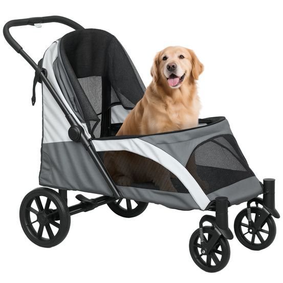 Poussette grand chien acier oxford pliante avec amortisseurs accès double 124x67x100cm gris