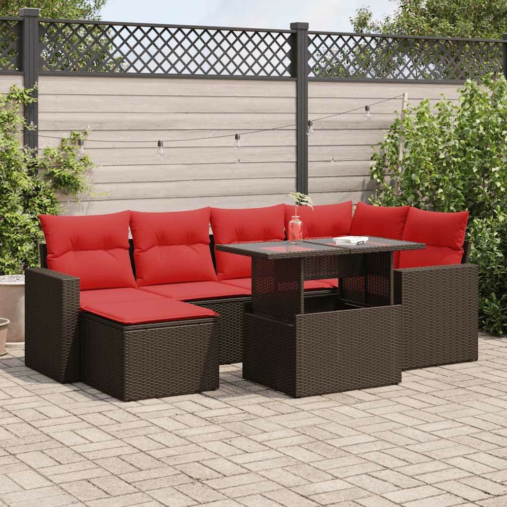 Salon de jardin avec coussins 7pcs marron résine tressée acacia